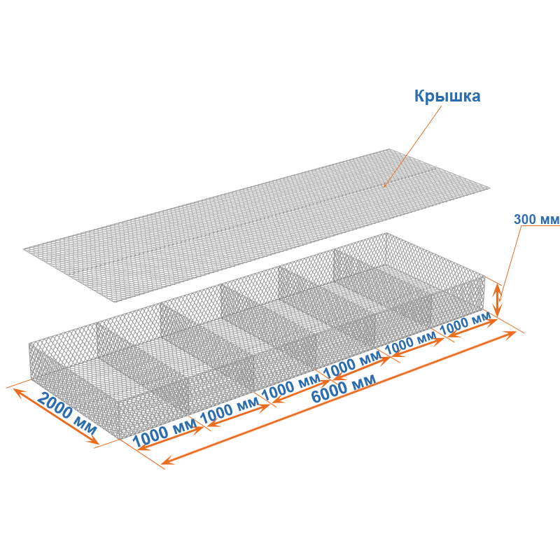 Габион матрац ГСИ-М 6х2х0,3 оцинкованный, Ø проволоки 2,2 мм, размер ячейки 6х8 см фото